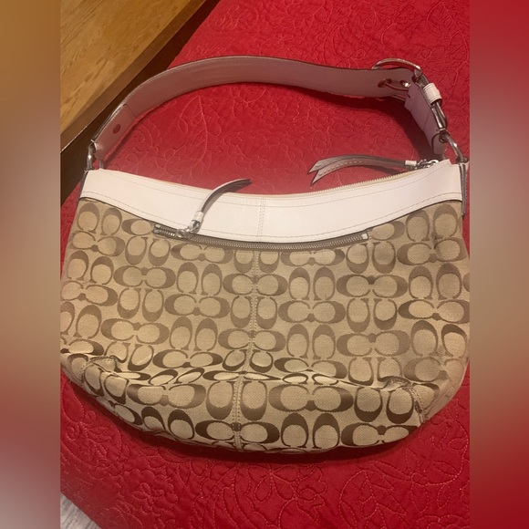 Coach Logo CC Monogram Luxury Handbag Tan White Shoulder Bag Hobo Style PreOwned - Picture 3 of 8